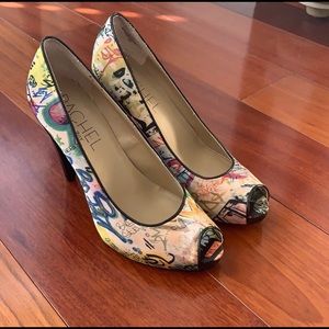 Rachel Roy graffiti print satin heels